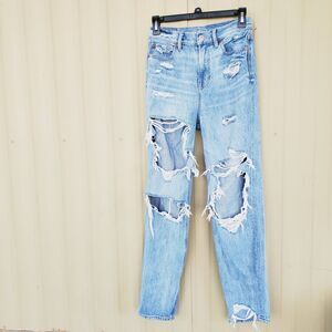 American Eagle Size 0 Long 90's Boyfriend Jeans Destroyed Ripped Light Wash